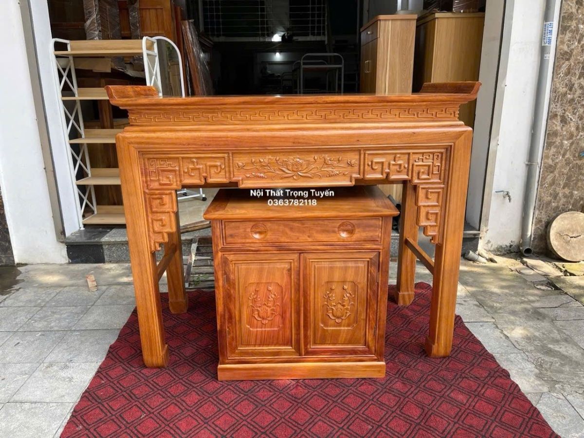 Bàn Thờ Mẫu Chạm Sen 1m53 Gỗ Gõ TT-BT558